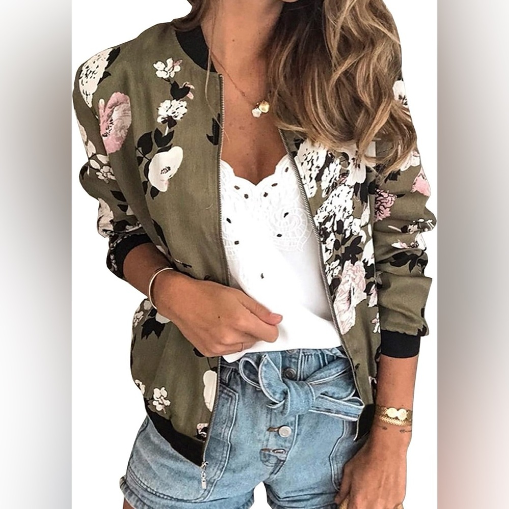 NWOT silky floral bomber jacket. size L